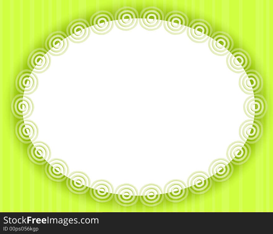 A background illustration featuring a white oval frame with decorative edging set against green striped background with opaque white stripes. A background illustration featuring a white oval frame with decorative edging set against green striped background with opaque white stripes