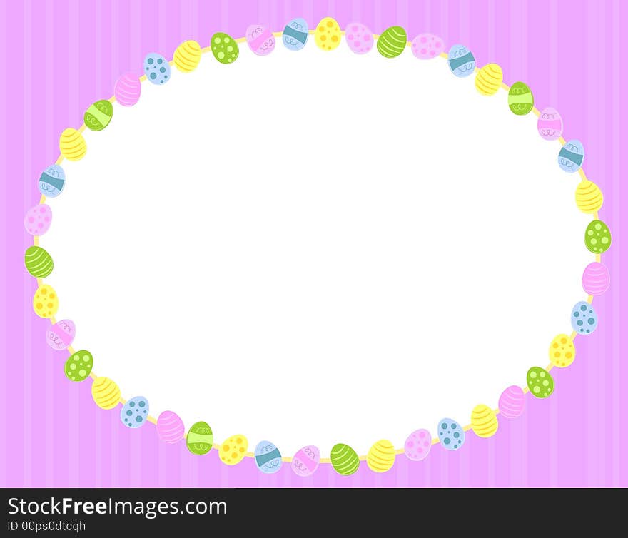 A background illustration featuring a white oval frame with decorative easter eggs set against purple striped background. A background illustration featuring a white oval frame with decorative easter eggs set against purple striped background