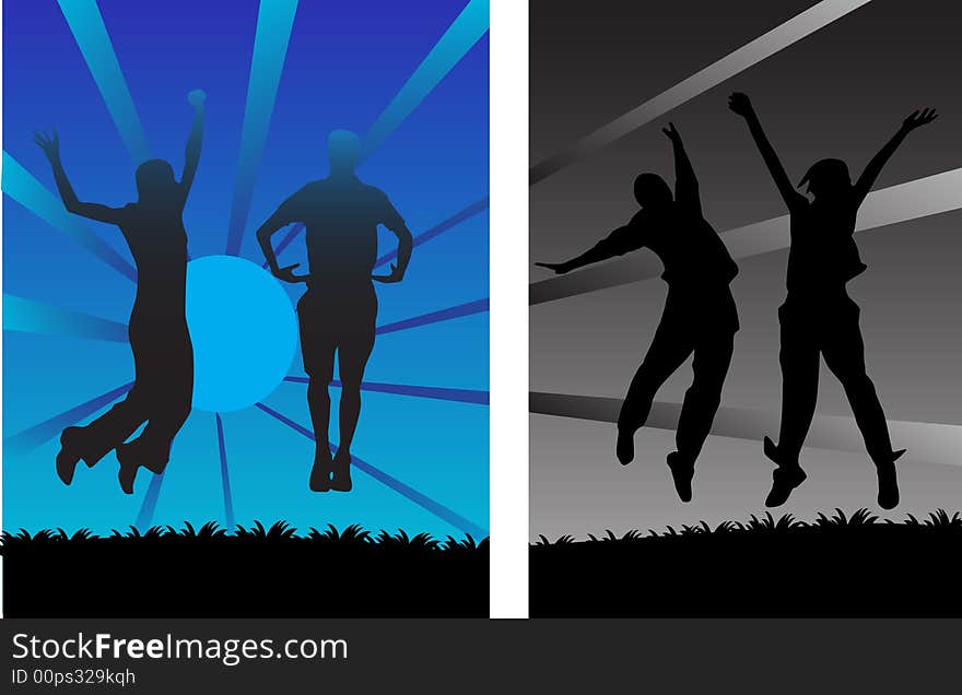 Illustration of people jump on sunset. Illustration of people jump on sunset