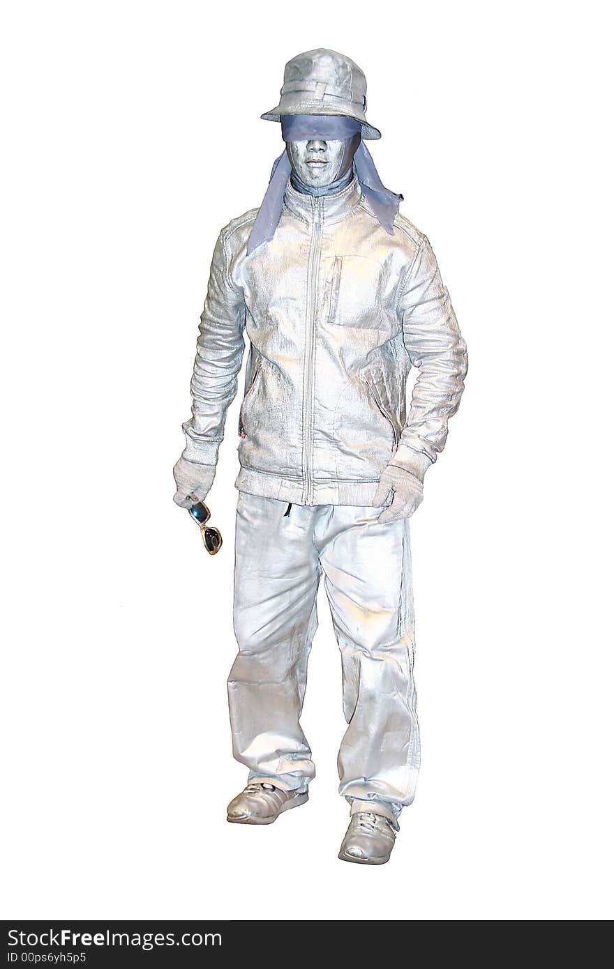 Live male mannequin in all silver outfit. Live male mannequin in all silver outfit