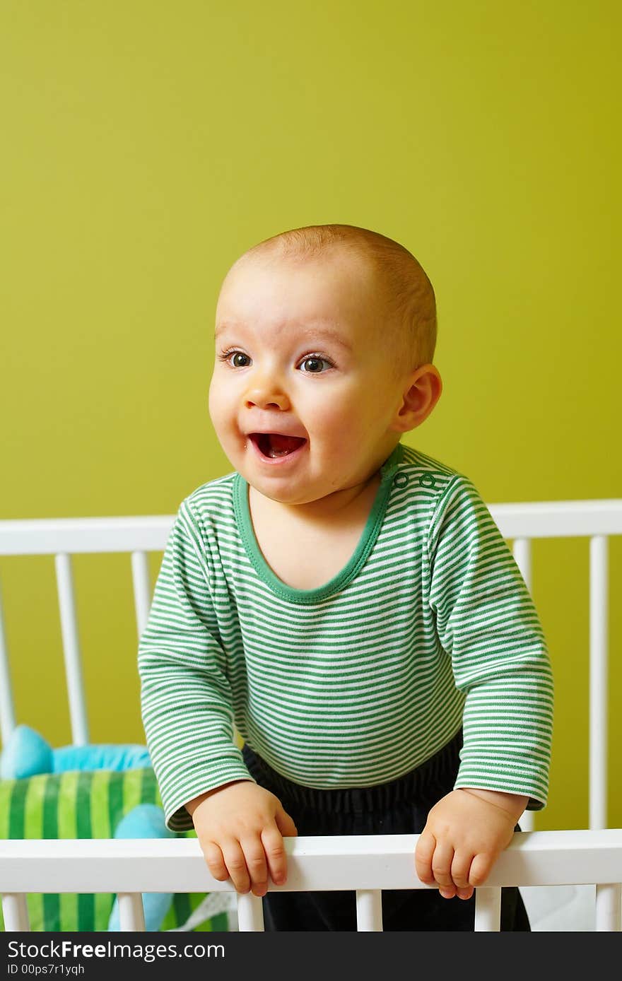 Portrait of little baby in crib. Portrait of little baby in crib