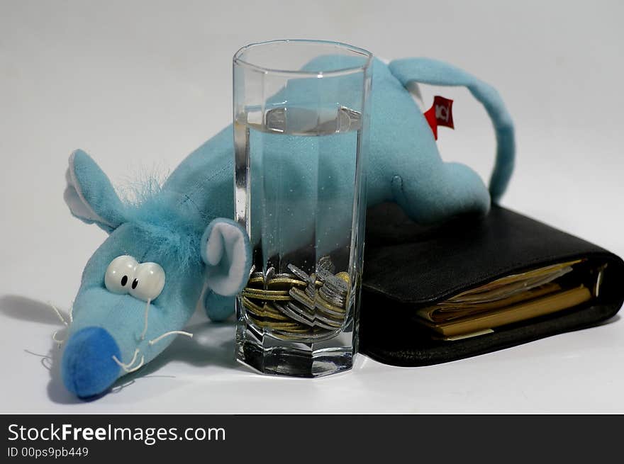 blue rat and money in the container against the white background. blue rat and money in the container against the white background