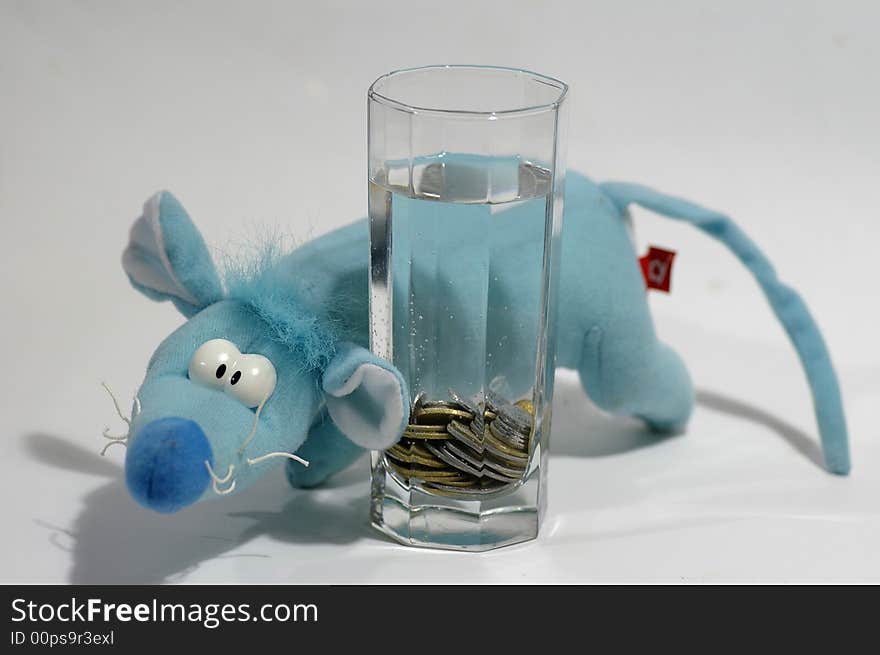 Blue rat and money in the container against the white background. Blue rat and money in the container against the white background