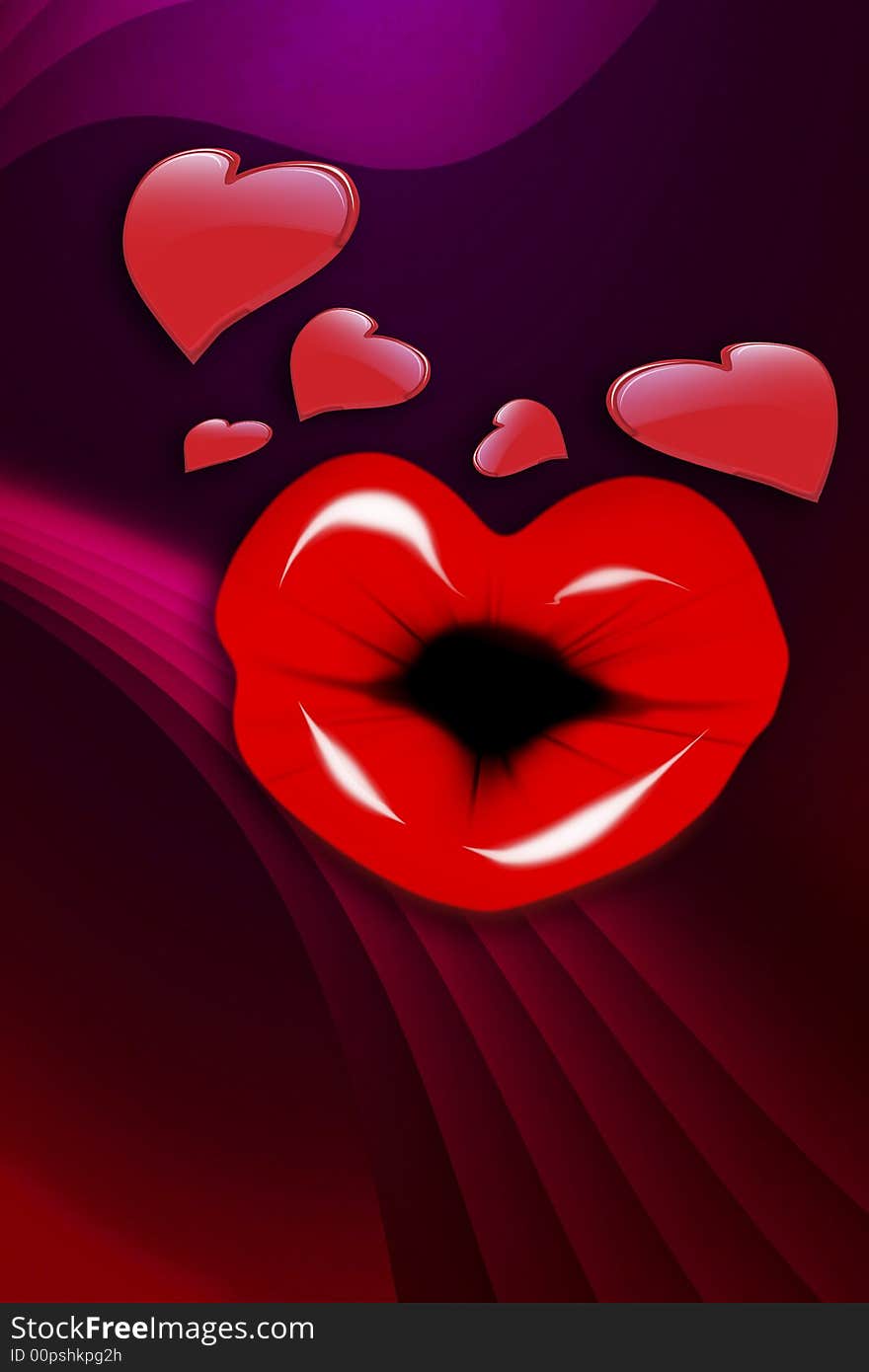 Colorful background with lips, hearts, curves, and swirls. Colorful background with lips, hearts, curves, and swirls