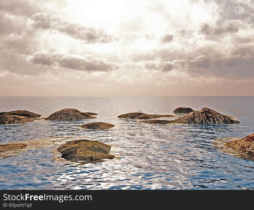 Large stones on a sea coast - 3d landscape