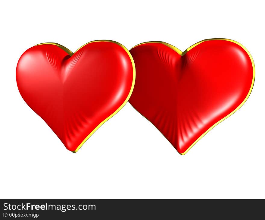 Isolated Two Red hearts with gold edging on white background. Please see some similar pictures from my portfolio