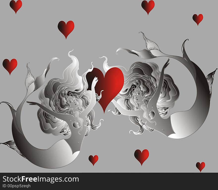 Two naiads and hearts -  illustration. Two naiads and hearts -  illustration