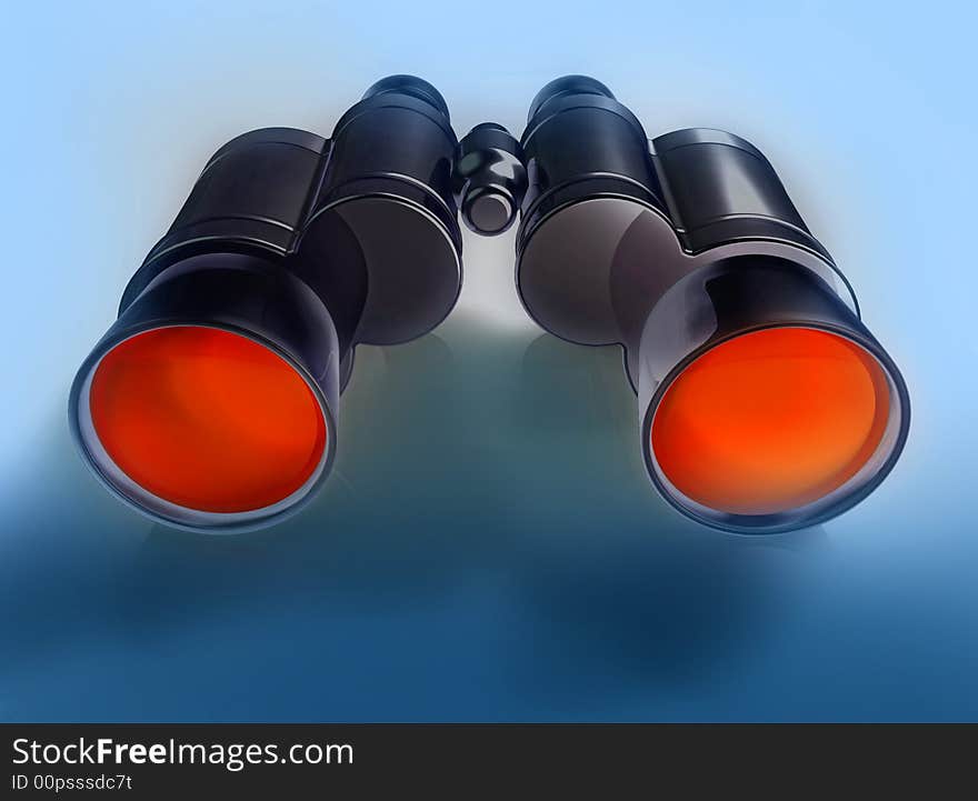 3d concept illustration of binoculars with orange lenses