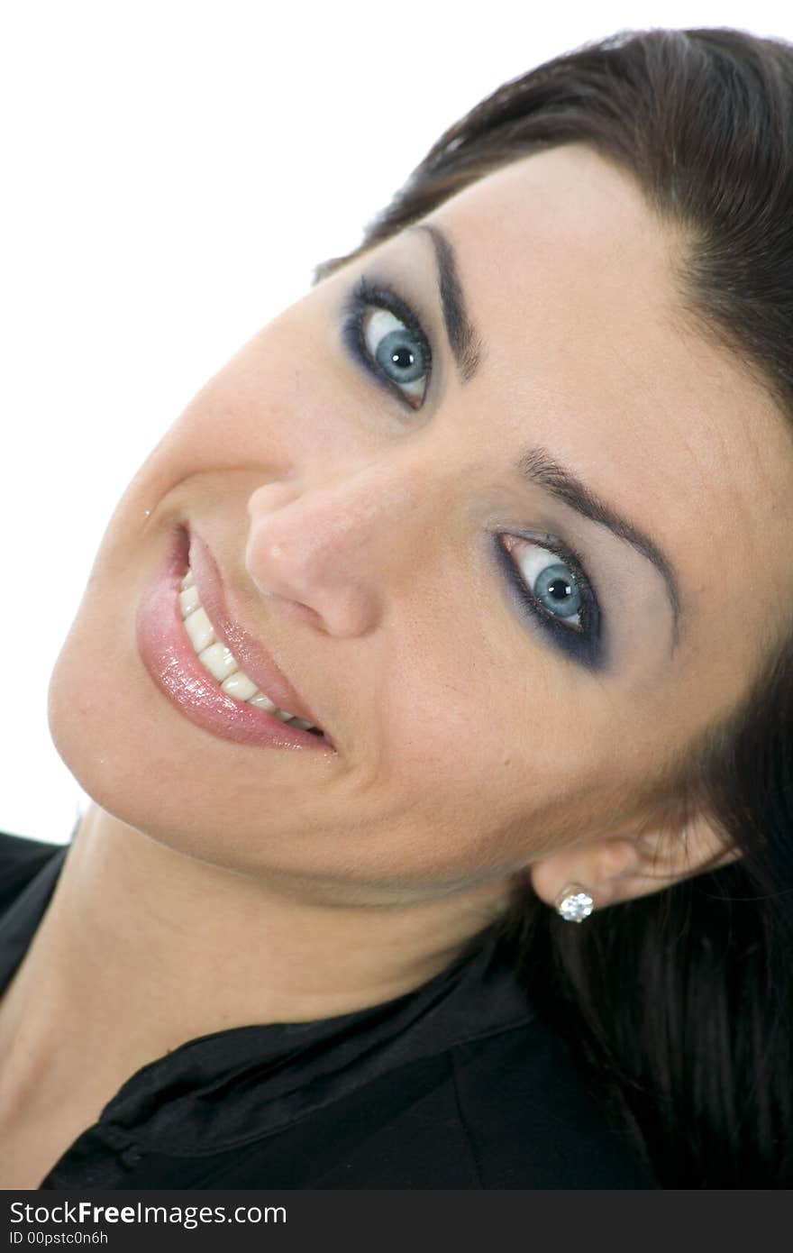 Portrait of the brunette with blue eye on isolated background