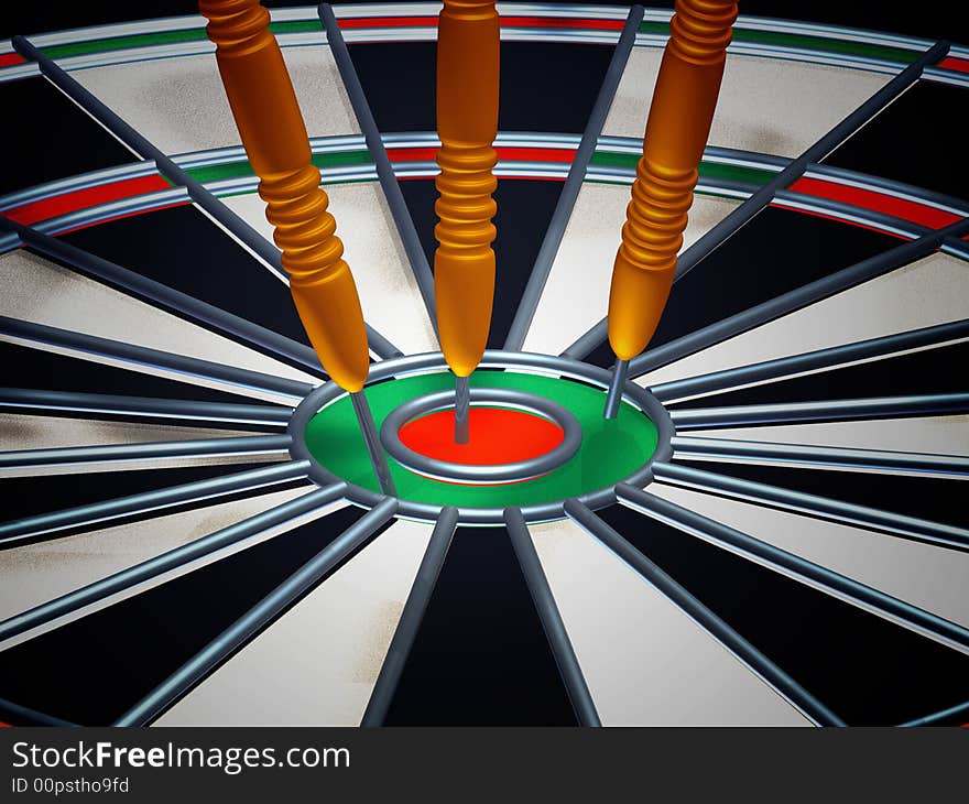 3d illustration of a dart board with 3 darts