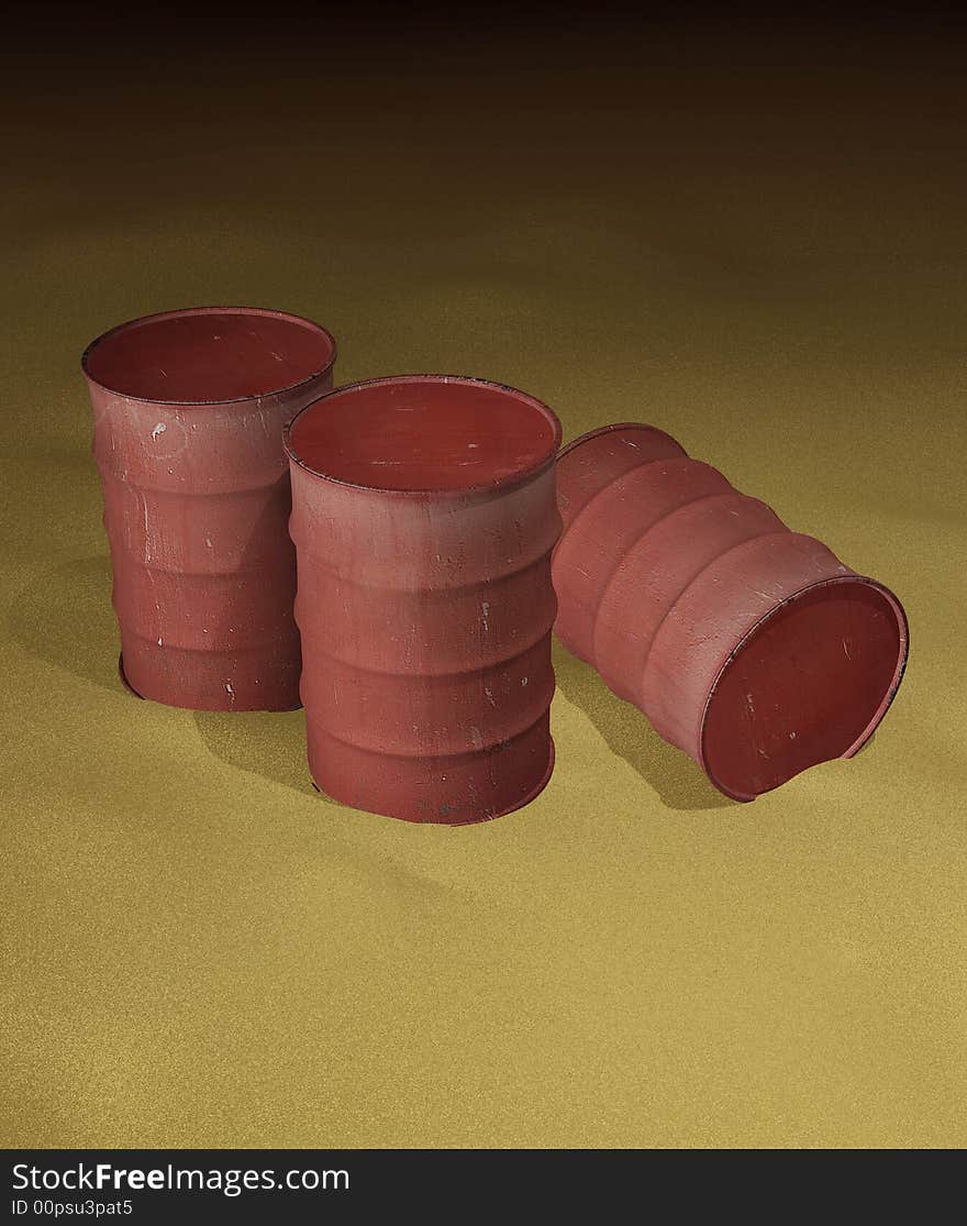 Oil barrels in desert 3d