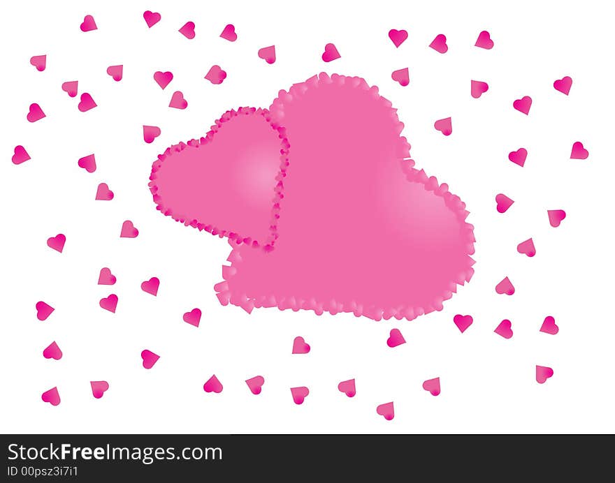 Pink petals hearts over white background. Pink petals hearts over white background