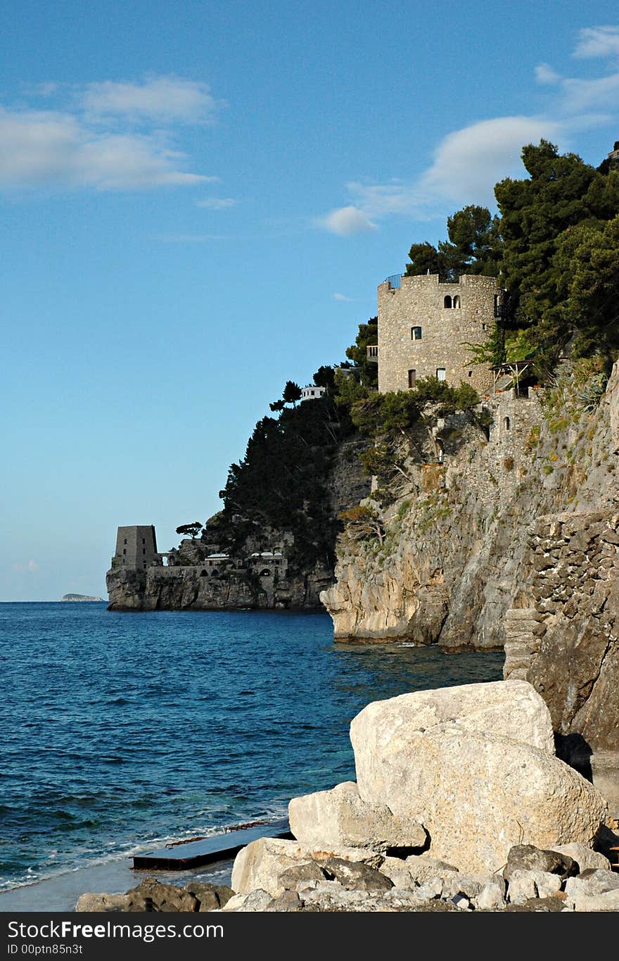 Old tower on the sea shore of Positano, Amalfitan Coast in Italy