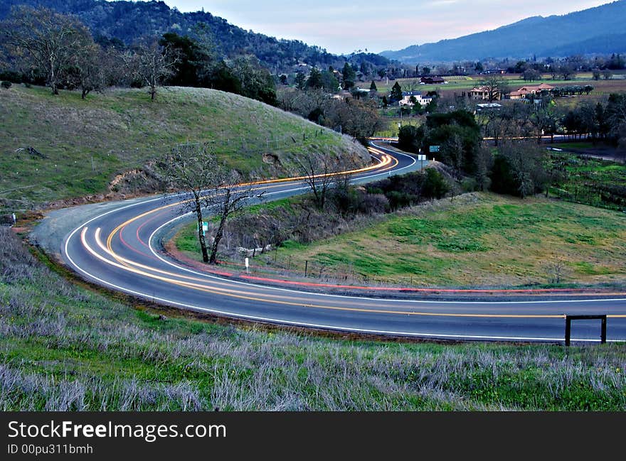 Car Light Trails on a Rural Road