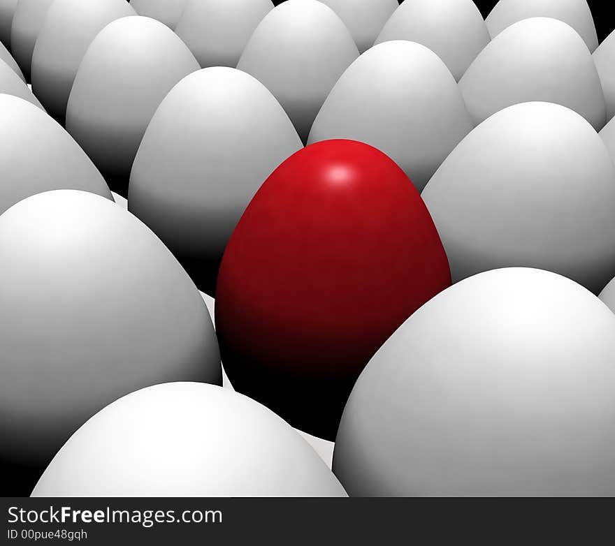 Solitary red egg among white eggs. Solitary red egg among white eggs.