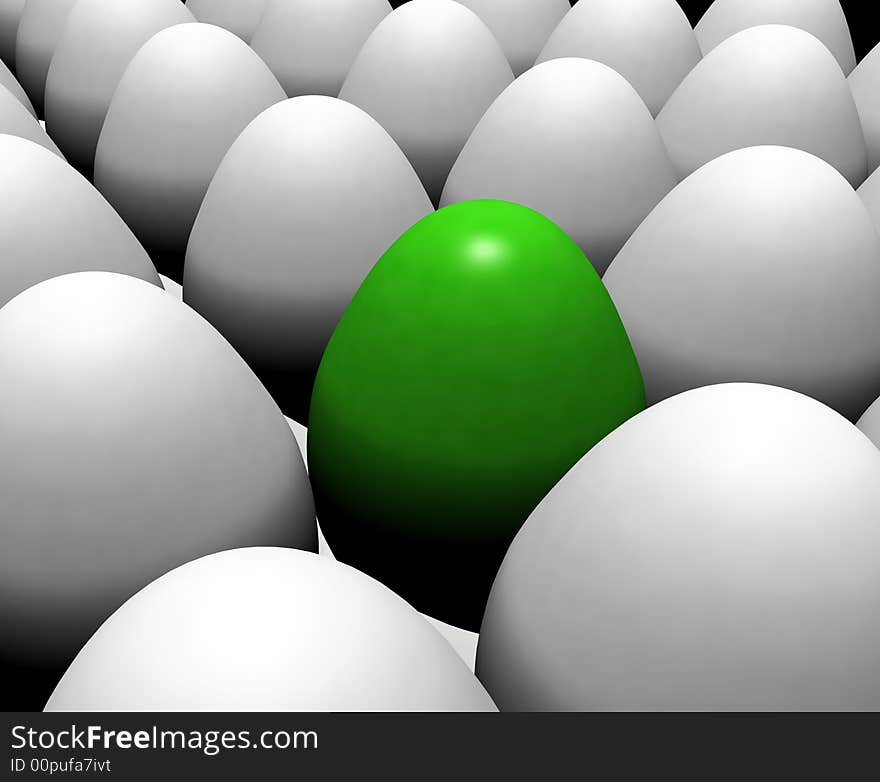 Solitary green egg among white eggs. Solitary green egg among white eggs.