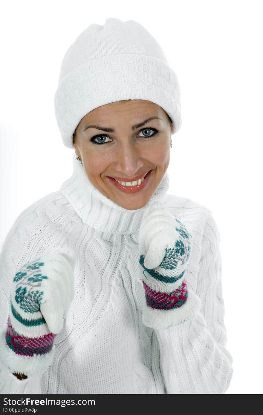 Beautiful woman in white sweater on insulated background