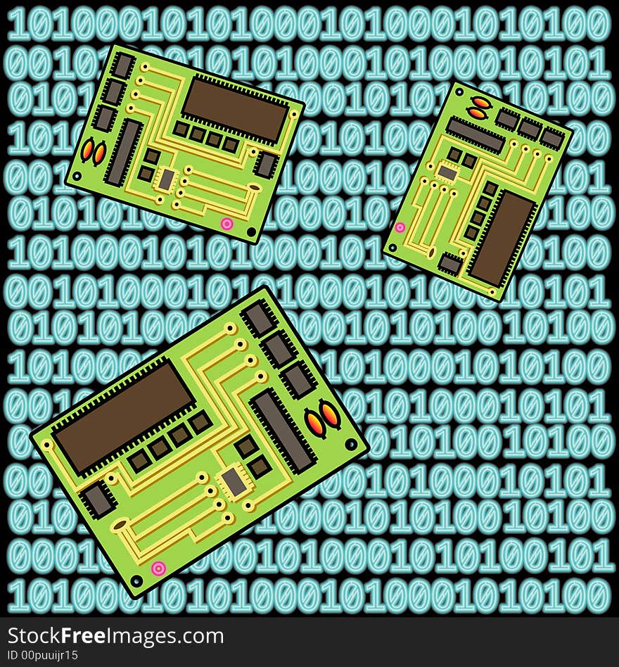 Computer mother board on binary code background