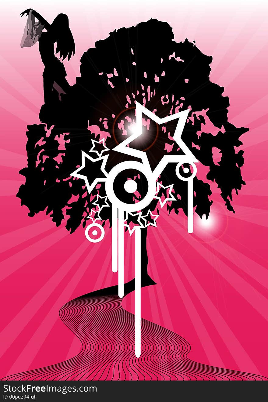 A pink background with a tree, circles and star. A pink background with a tree, circles and star