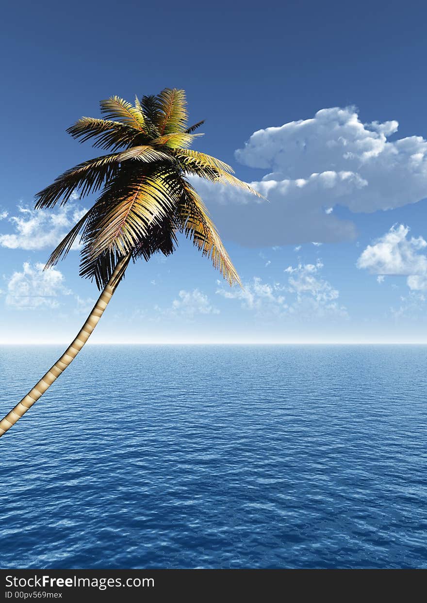 Coconut palm and blue sky with clouds - 3D scene.