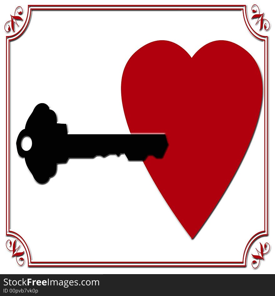 Red heart and black key on white with red border. Red heart and black key on white with red border.