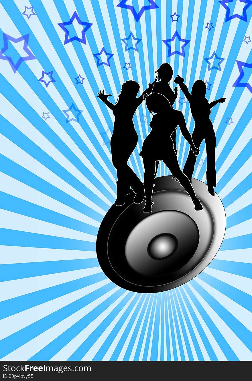 Illustration of girls dancing on a speaker on a radial stripes background