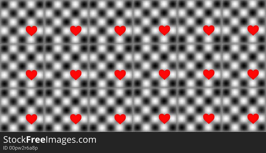 Checkerboard blur with red hearts