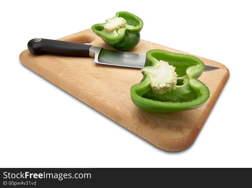 Cut Green Bell Pepper and Knife