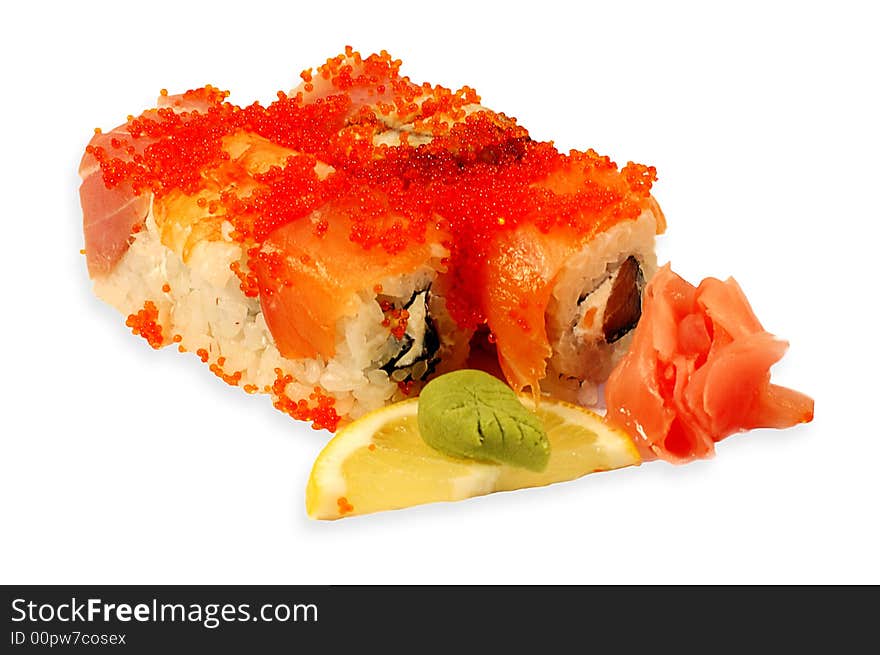 Akita Maki with a salmon and mussels isolated on a white background. Akita Maki with a salmon and mussels isolated on a white background.