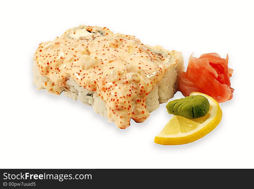 Roll lava makii with a salmon and  lemon isolated on a white background. Roll lava makii with a salmon and  lemon isolated on a white background.