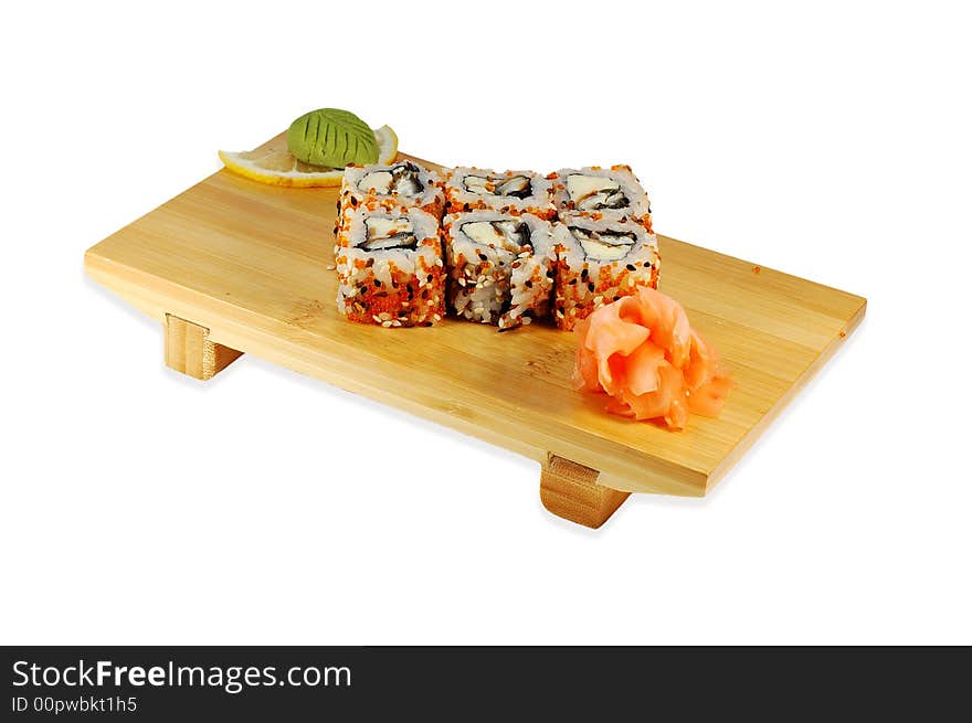 sushi roll  hakaido maki on the japanese dish isolated on a white background. sushi roll  hakaido maki on the japanese dish isolated on a white background.