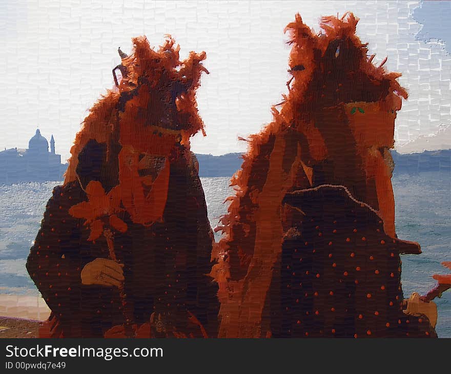 Carnival ladies in Venice, Italy, standing on the bank of Giudecca, view of Redentore Church, illustration