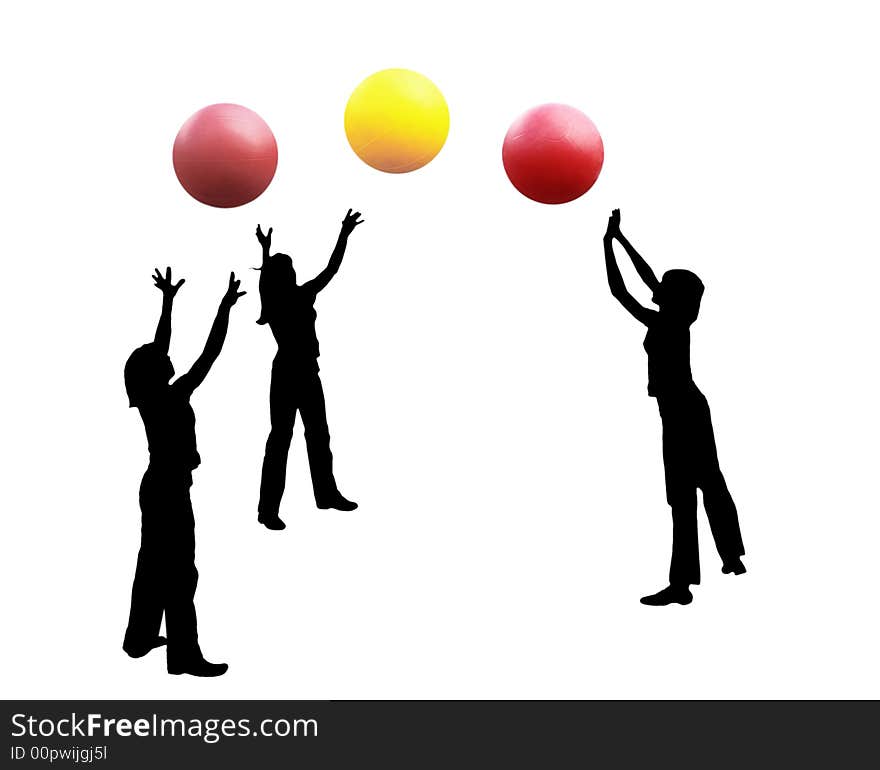 An abstract illustration. Silhouettes of girls playing the volleyball, three balls. Black figures, color balls, a white background. An abstract illustration. Silhouettes of girls playing the volleyball, three balls. Black figures, color balls, a white background.