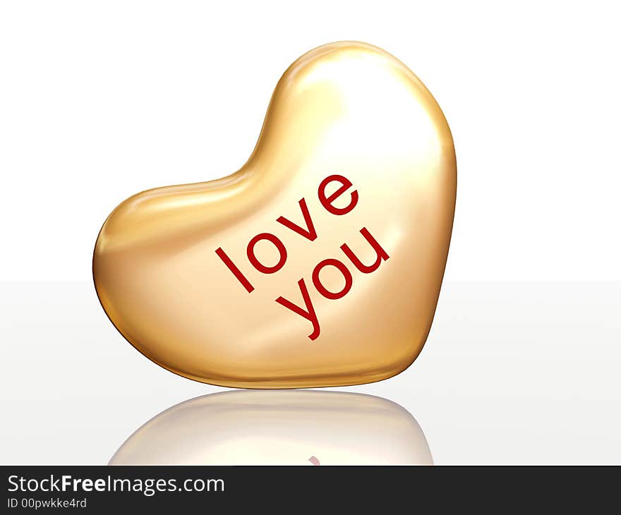 3d golden heart, red letters, text - love you, isolated