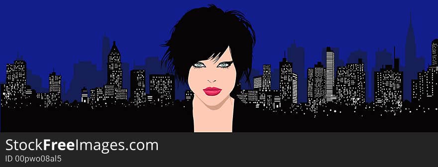 Young pretty woman on an urban background: vector