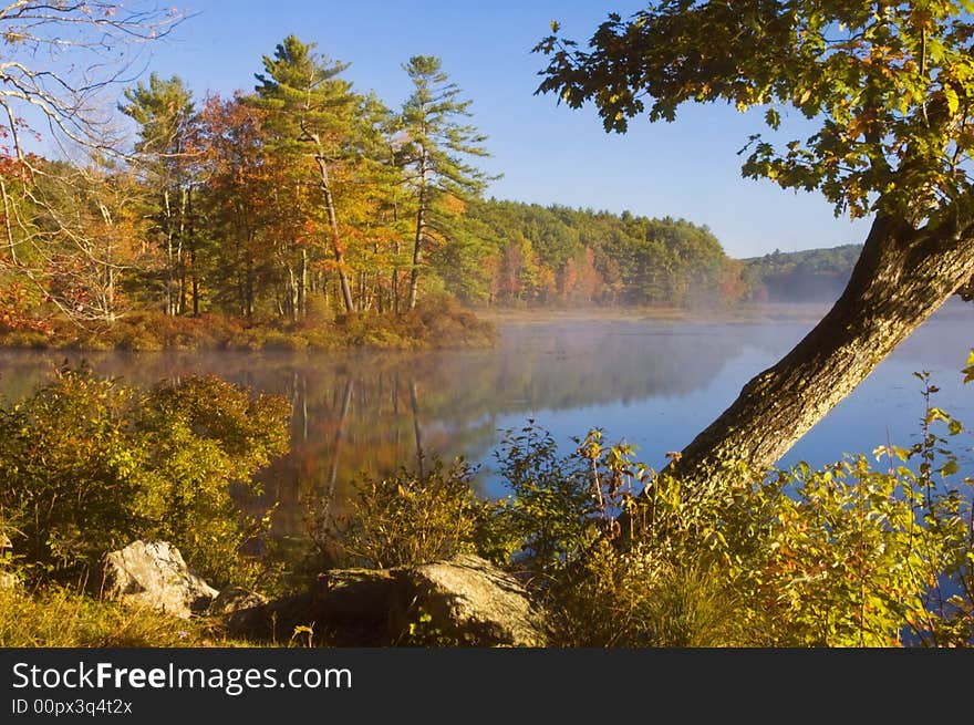 Morning sunlight reveals, bright autumn colors and mist rising off of Harvard Pond in Petersham, MA. Morning sunlight reveals, bright autumn colors and mist rising off of Harvard Pond in Petersham, MA.