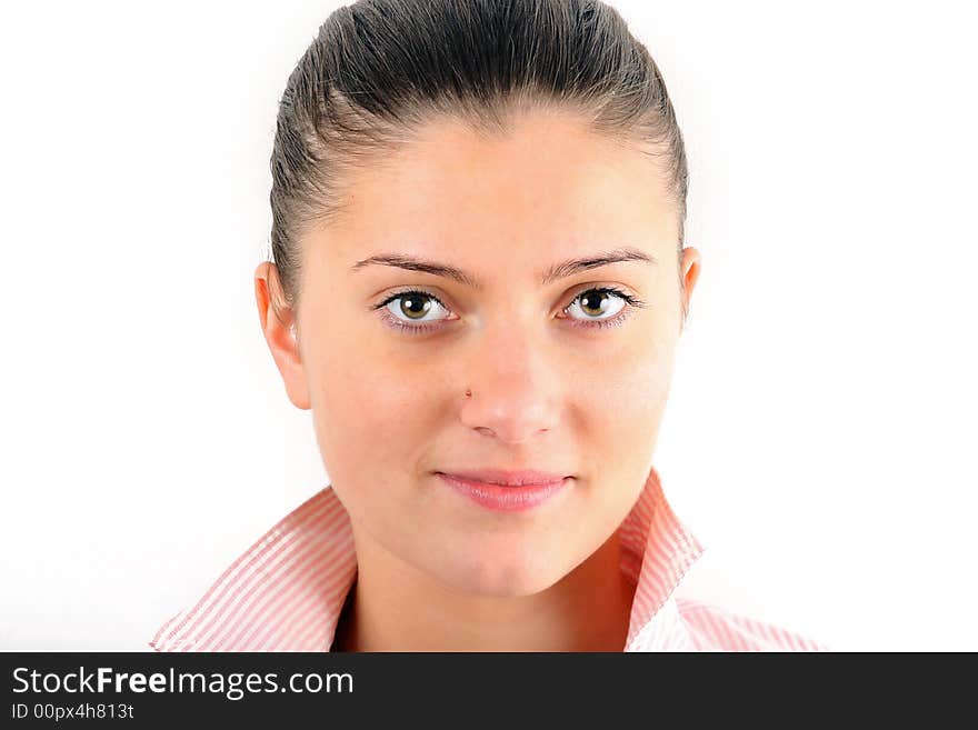 The portrait of nice young woman in rose shirt