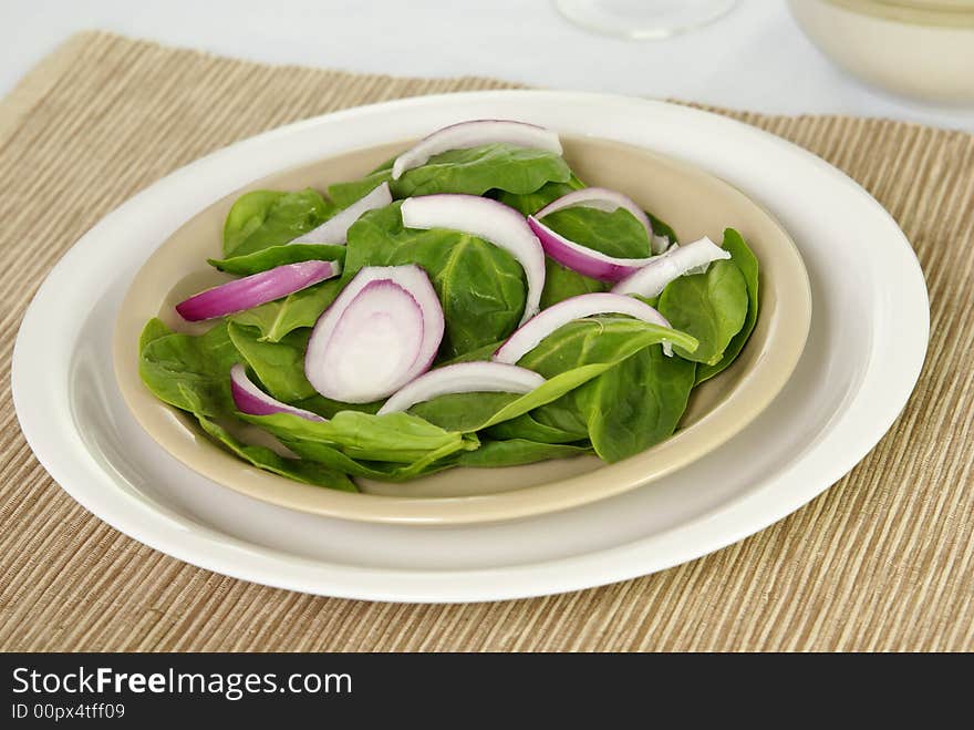 Fresh raw spinach leaves and red or purple onions on a plate with placemat. Low DOF. Fresh raw spinach leaves and red or purple onions on a plate with placemat. Low DOF.