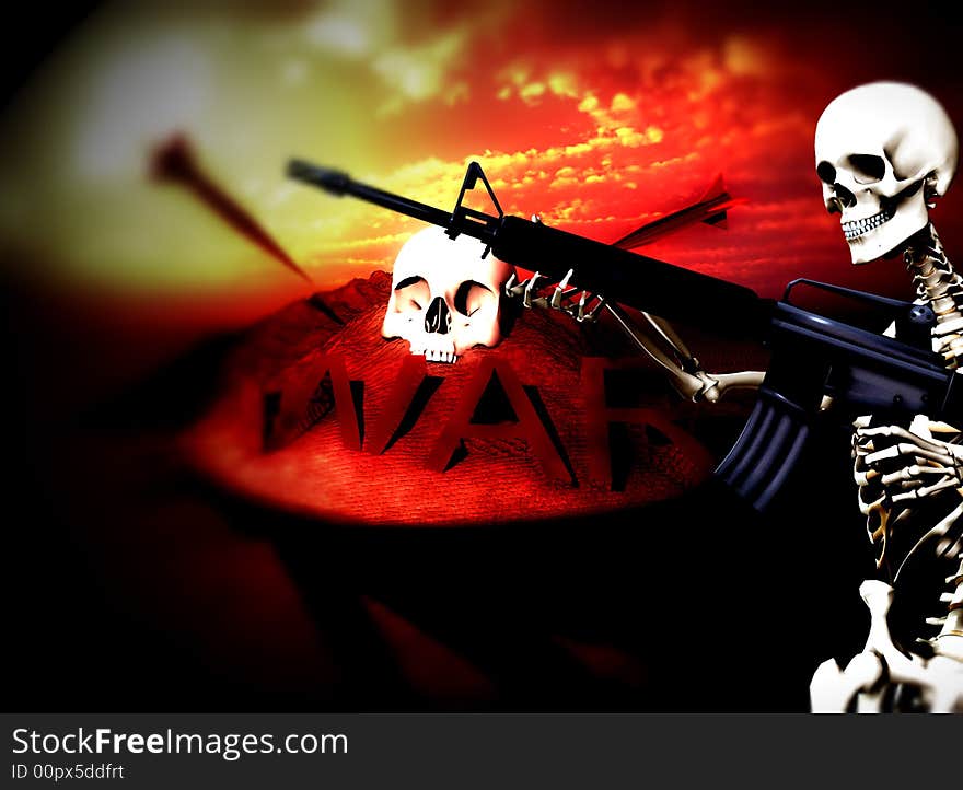 An conceptual image of a skeleton with a gun, it would be good to represent concepts of war. An conceptual image of a skeleton with a gun, it would be good to represent concepts of war.