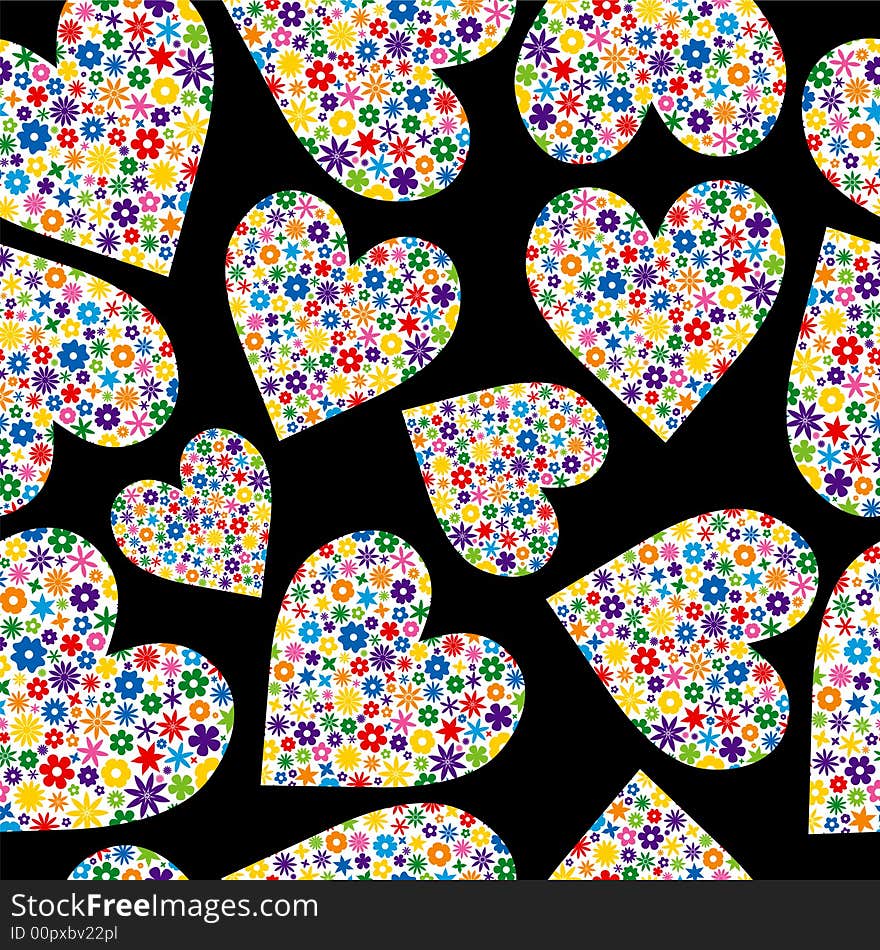 Multicolored Seamless Tile of Flower Filled Hearts