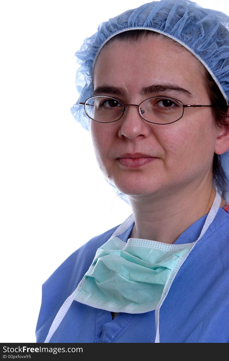 A nurse or surgeon wearing a surgical mask on white background.