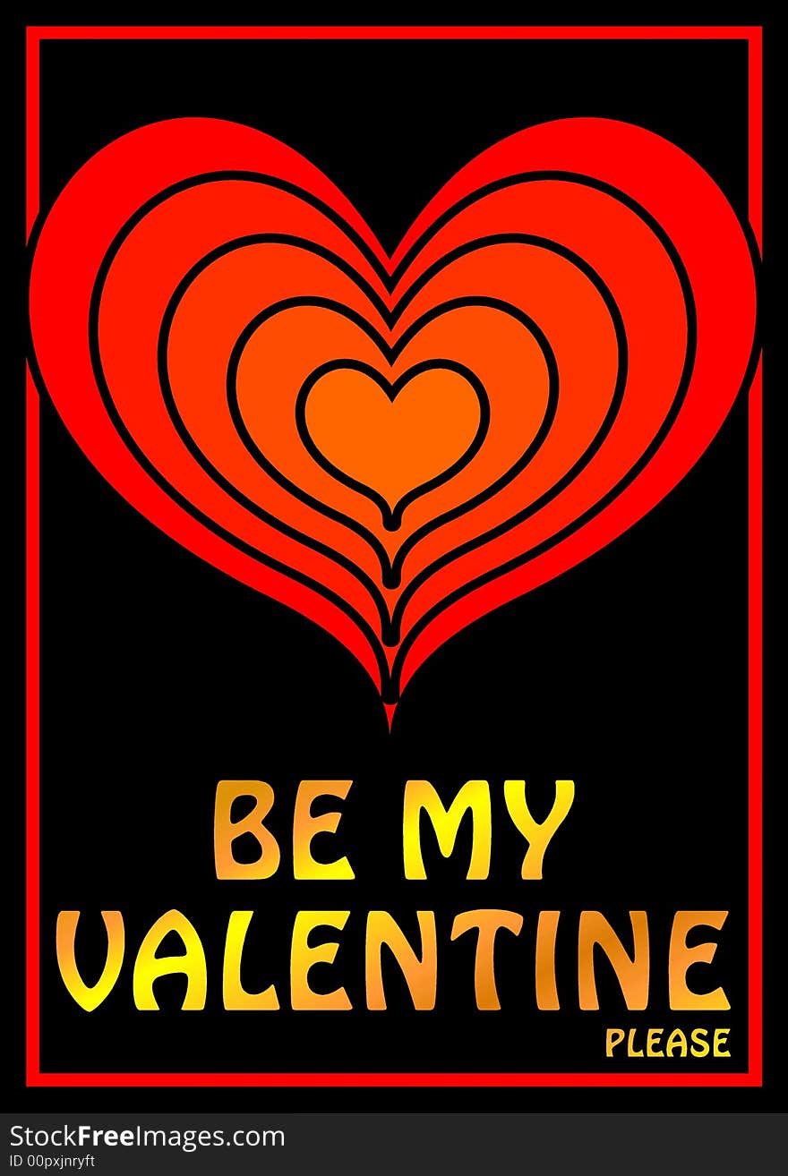 Card, poster, sign or tag with stylish, warm red graphics hearts standing out from the black background. The words: Be my Valentine, please, glowing in golden letters, can easily be replaced with your own text. Vector file includes golden effect as a background square. Card, poster, sign or tag with stylish, warm red graphics hearts standing out from the black background. The words: Be my Valentine, please, glowing in golden letters, can easily be replaced with your own text. Vector file includes golden effect as a background square.