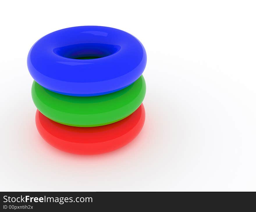 3d rendering of three red, green and blue torus on a white background. 3d rendering of three red, green and blue torus on a white background.