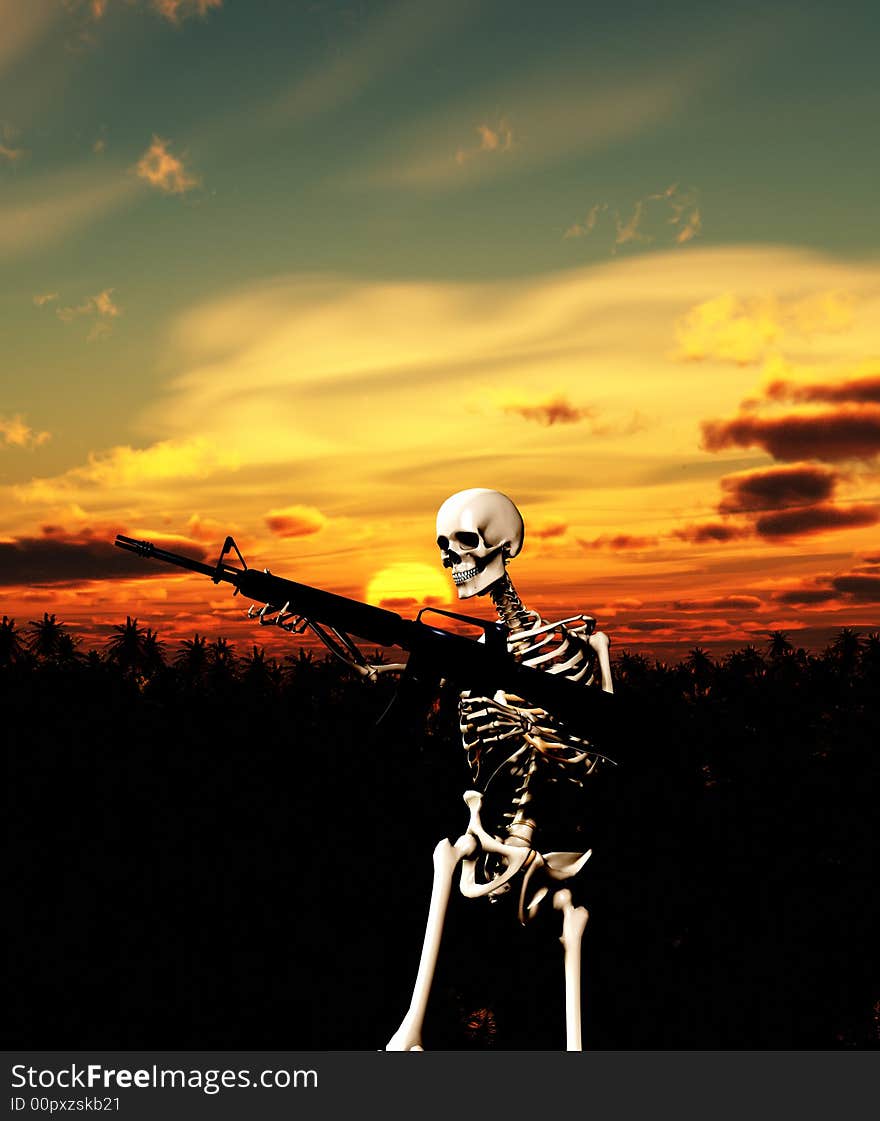 An conceptual image of a skeleton with a gun, it would be good to represent concepts of war. An conceptual image of a skeleton with a gun, it would be good to represent concepts of war.