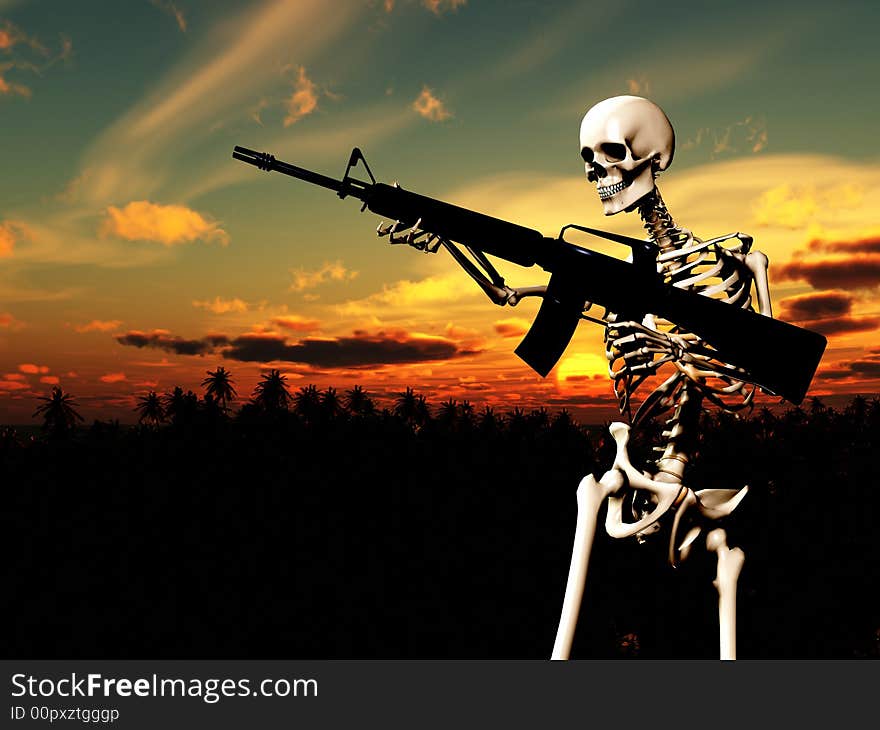 An conceptual image of a skeleton with a gun, it would be good to represent concepts of war. An conceptual image of a skeleton with a gun, it would be good to represent concepts of war.