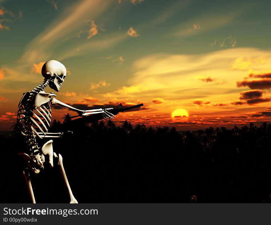 An conceptual image of a skeleton with a gun, it would be good to represent concepts of war. An conceptual image of a skeleton with a gun, it would be good to represent concepts of war.