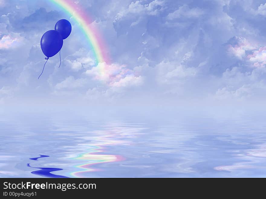 Pair of blue balloons escaping towards a rainbow. Pair of blue balloons escaping towards a rainbow.