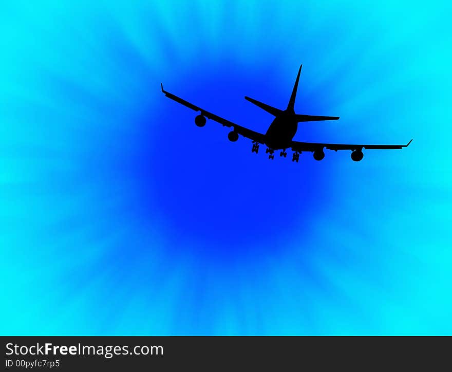 Black airplane silhouette flying in the sun. Black airplane silhouette flying in the sun