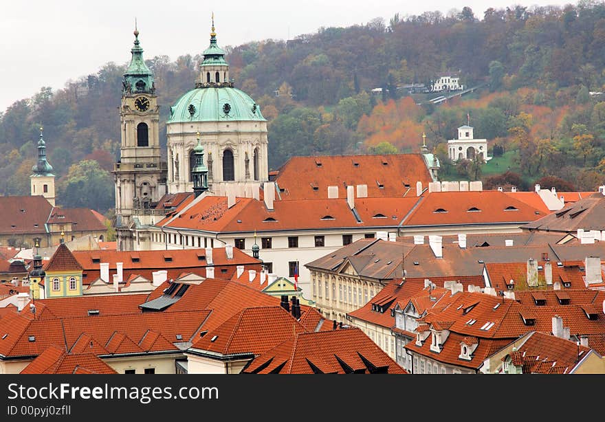 Czech Republic, Prague: City view with dome and landscape