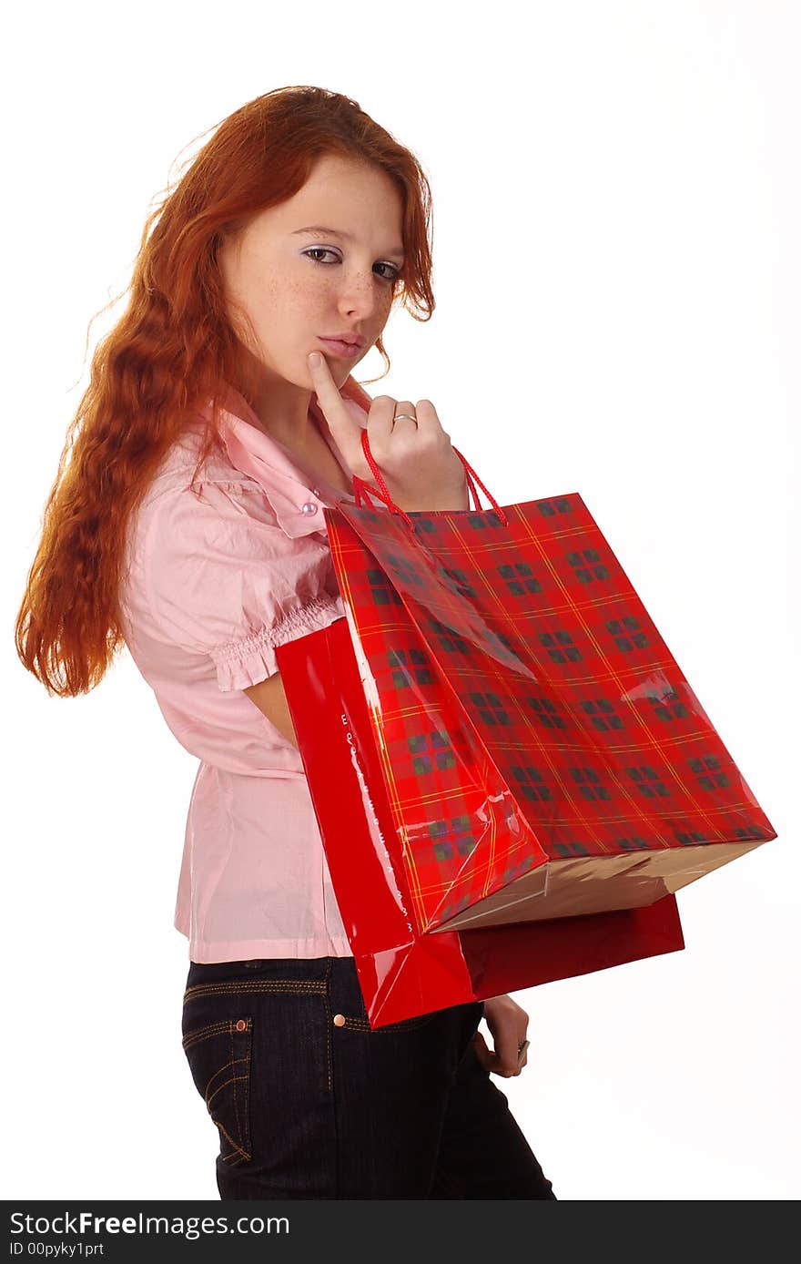 The red girl with packages. The red girl with packages